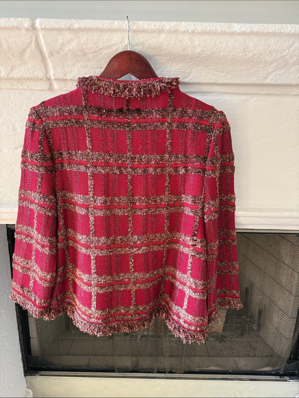 St. John Red & Brown Tweed Fringe-Trim Jacket - Picture 6 of 7